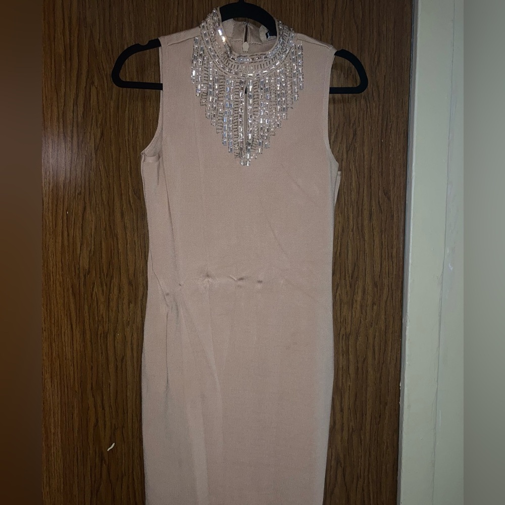 Marciano Champagne Midi Bodycon Dress with Embellished Neckline